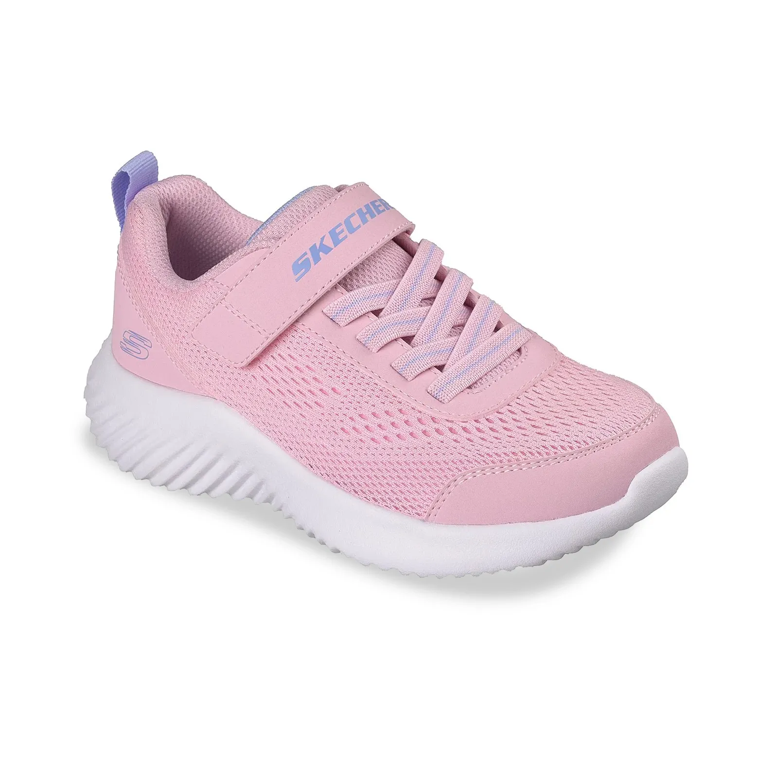 Tênis infantil rosa claro da Skechers visto de lado, mostrando fechamento com tira ajustável e cadarço elástico